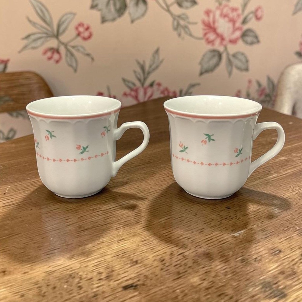 Sango Mystique‎ Peach Coffee Cups #287, Set of 2, Vtg Stoneware Mugs, Drinkware